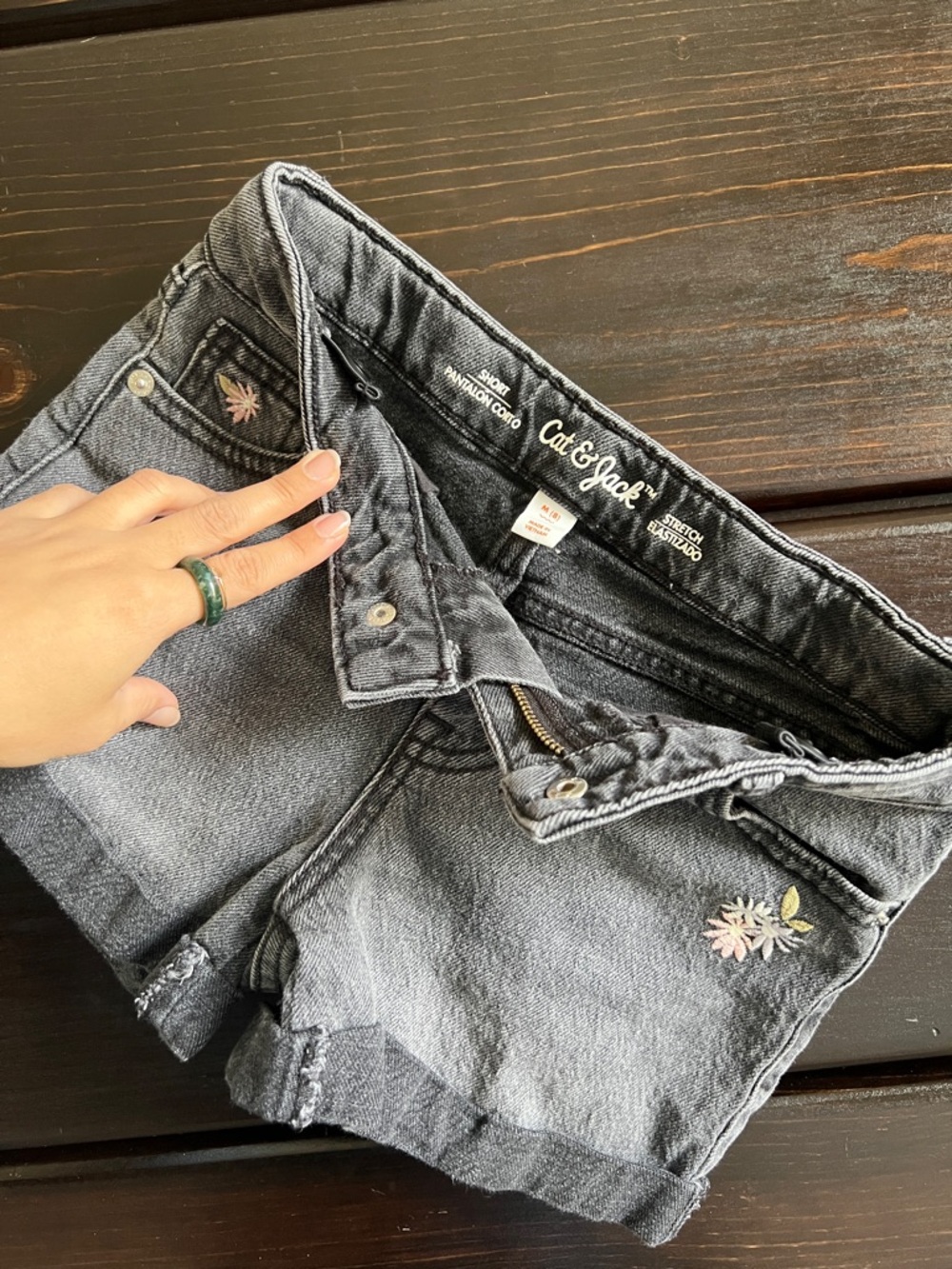 Cat & Jack Girl’s Black Washed Denim Shorts with Floral Embroidery